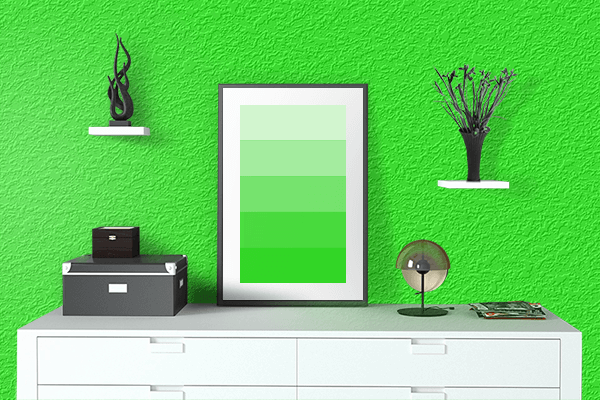 Pretty Photo frame on Neon Green color drawing room interior textured wall