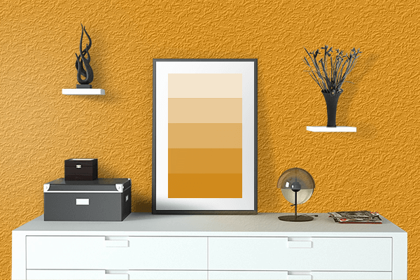 Pretty Photo frame on Sky Orange color drawing room interior textured wall