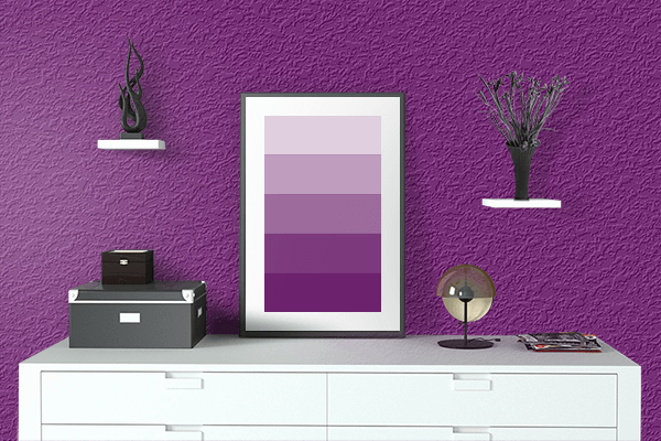 Pretty Photo frame on Bold Purple color drawing room interior textured wall