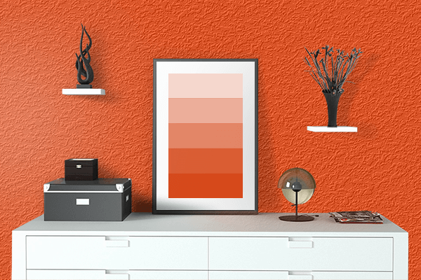 Pretty Photo frame on Red Orange color drawing room interior textured wall