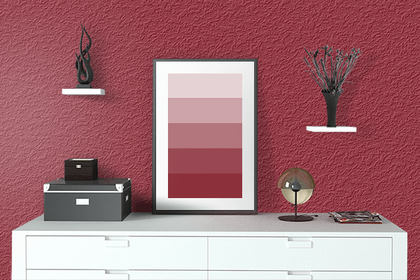Pretty Photo frame on Ruby Red color drawing room interior textured wall