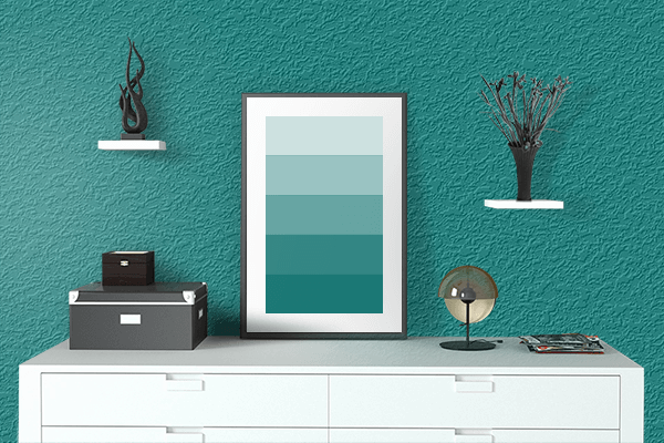 Pretty Photo frame on Teal Blue (Pantone) color drawing room interior textured wall