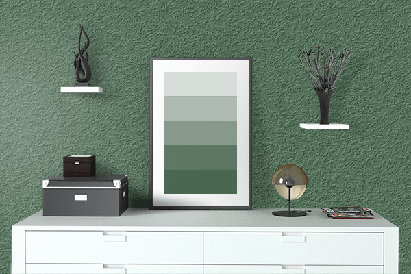 Pretty Photo frame on Bush Green color drawing room interior textured wall