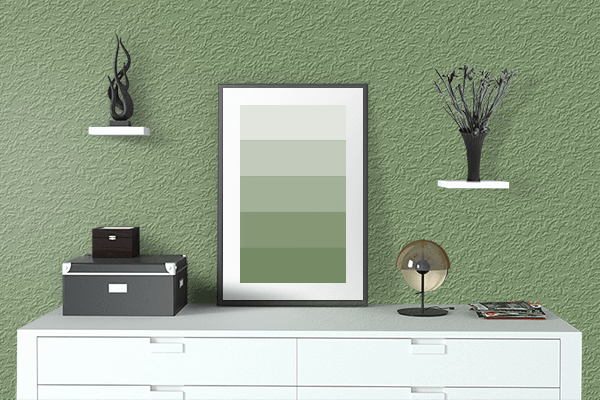 Pretty Photo frame on Pea Aubergine Green color drawing room interior textured wall