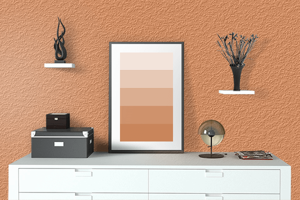 Pretty Photo frame on Classy Orange color drawing room interior textured wall