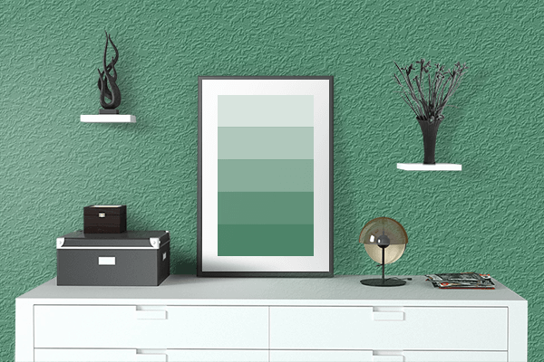Pretty Photo frame on Abundant Green color drawing room interior textured wall