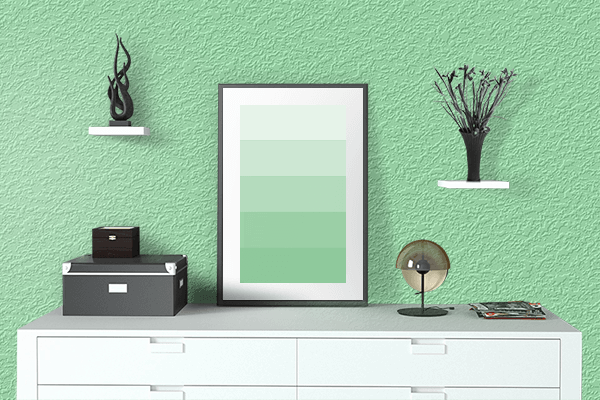 Pretty Photo frame on Green Aura color drawing room interior textured wall