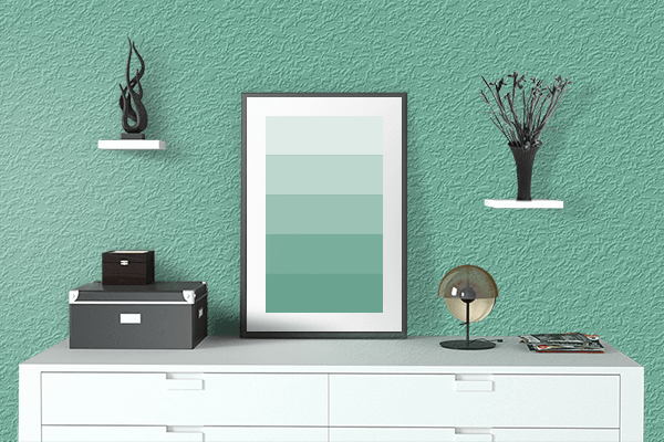 Pretty Photo frame on Mint Cold Green color drawing room interior textured wall