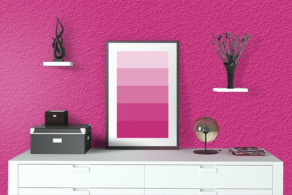 Pretty Photo frame on Bold Pink color drawing room interior textured wall
