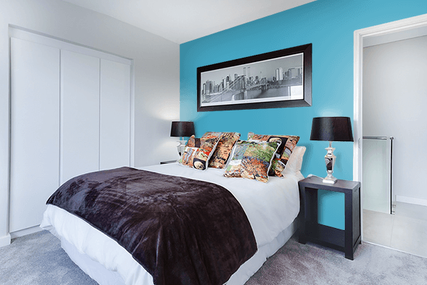 Pretty Photo frame on Light Sea Blue color Bedroom interior wall color