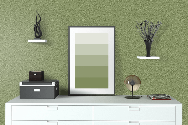 Pretty Photo frame on Moss Green color drawing room interior textured wall