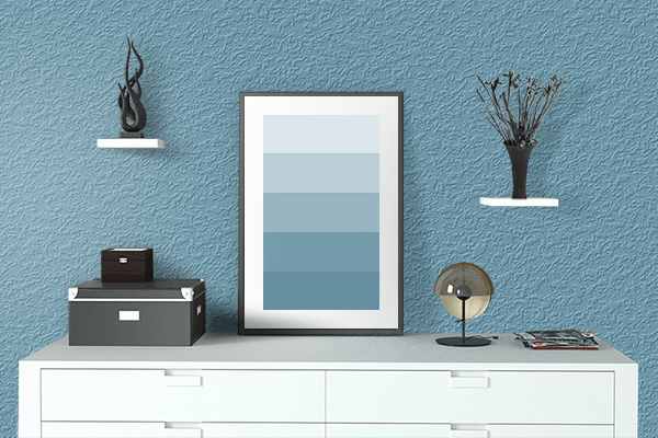 Pretty Photo frame on Blue Blood color drawing room interior textured wall