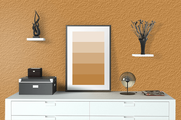 Pretty Photo frame on Orange Pitch color drawing room interior textured wall