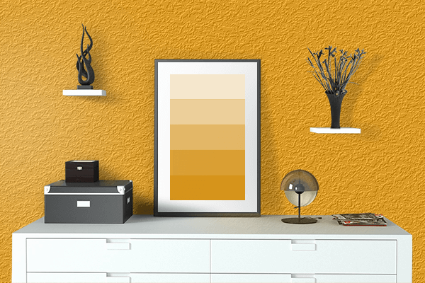 Pretty Photo frame on Orange color drawing room interior textured wall
