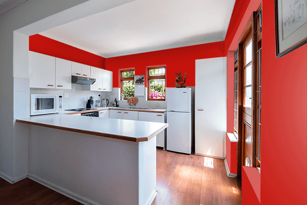 Pretty Photo frame on Super Red color kitchen interior wall color