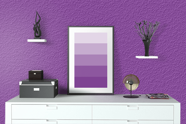 Pretty Photo frame on Young Purple color drawing room interior textured wall