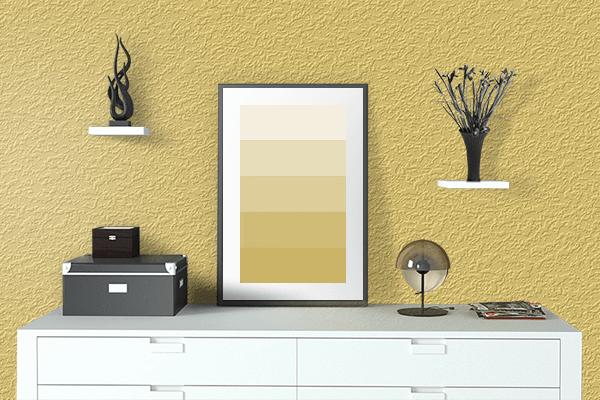 Pretty Photo frame on Calm Gold color drawing room interior textured wall