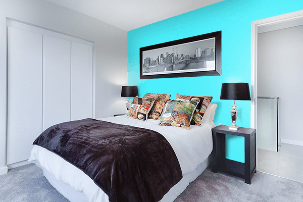 Pretty Photo frame on Neon Cyan color Bedroom interior wall color