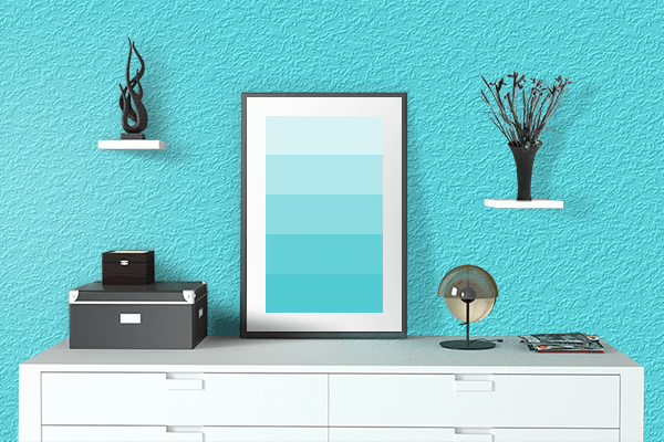 Pretty Photo frame on Neon Cyan color drawing room interior textured wall