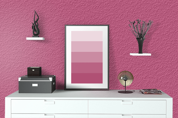 Pretty Photo frame on Bossy Pink color drawing room interior textured wall