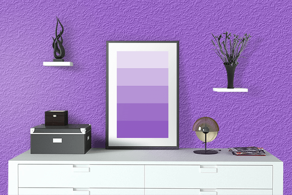 Pretty Photo frame on Purple Glow color drawing room interior textured wall