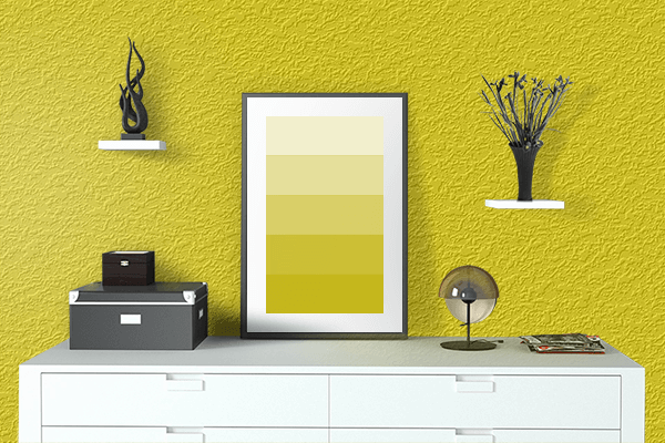 Pretty Photo frame on Warning Yellow color drawing room interior textured wall
