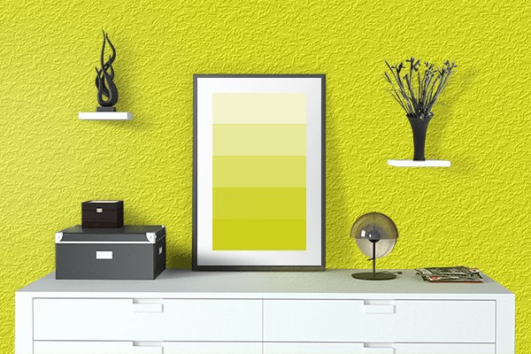 Pretty Photo frame on Shocking Yellow color drawing room interior textured wall