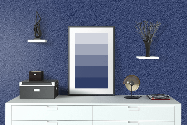 Pretty Photo frame on Intense Sapphire Blue color drawing room interior textured wall