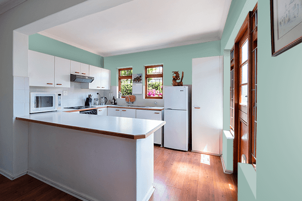 Pretty Photo frame on Delicate Green color kitchen interior wall color