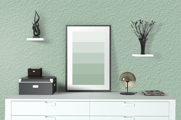 Pretty Photo frame on Balmy Green color drawing room interior textured wall