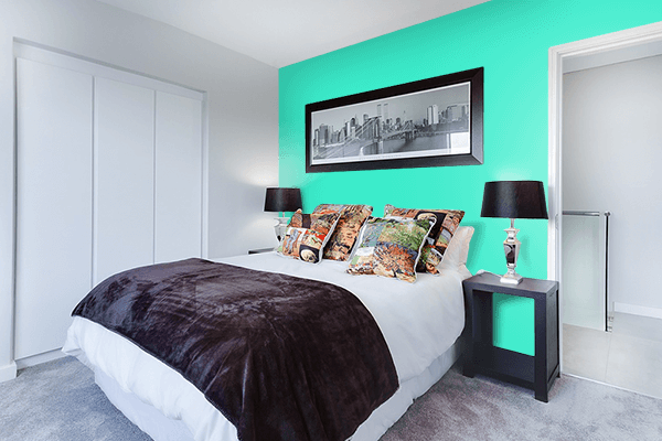 Pretty Photo frame on Green Cyan color Bedroom interior wall color