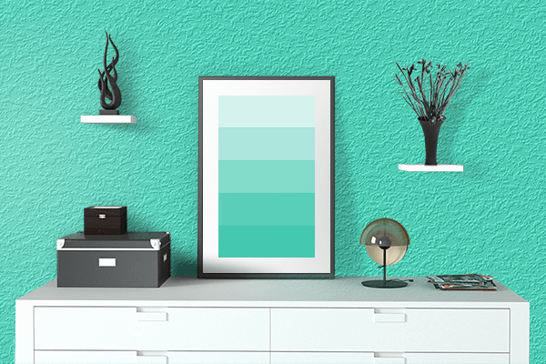 Pretty Photo frame on Green Cyan color drawing room interior textured wall
