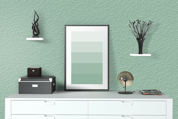 Pretty Photo frame on Feather Green color drawing room interior textured wall