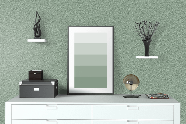 Pretty Photo frame on Light-hearted Green color drawing room interior textured wall