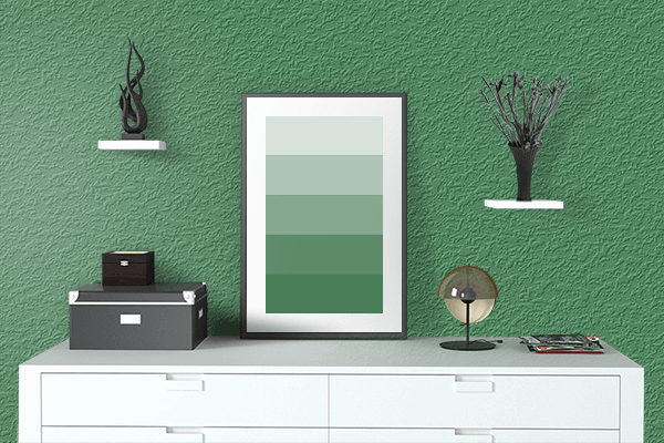 Pretty Photo frame on Celery Green color drawing room interior textured wall