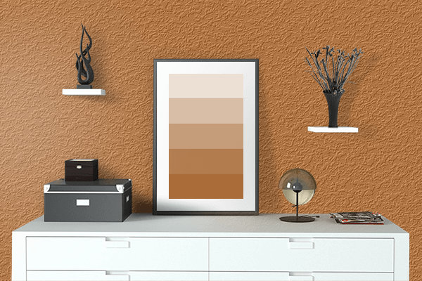 Pretty Photo frame on Orange Brown color drawing room interior textured wall