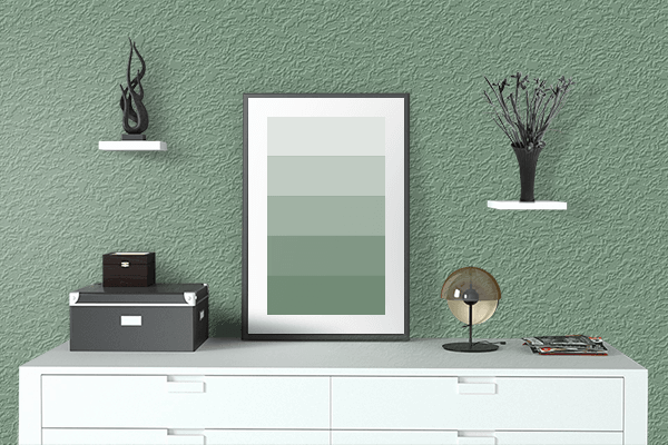 Pretty Photo frame on Orient Green color drawing room interior textured wall
