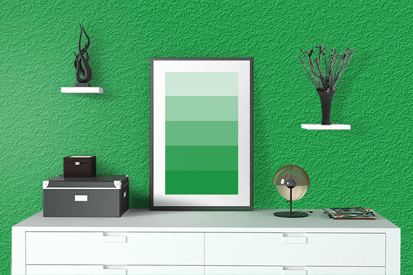 Pretty Photo frame on Super Green color drawing room interior textured wall