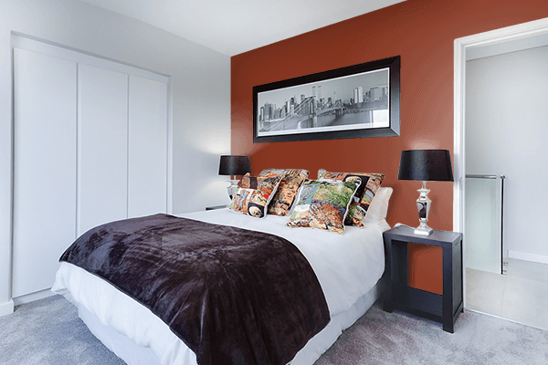 Pretty Photo frame on Bright Mahogany color Bedroom interior wall color