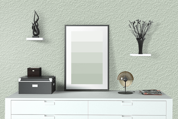 Pretty Photo frame on Touch Of Green color drawing room interior textured wall