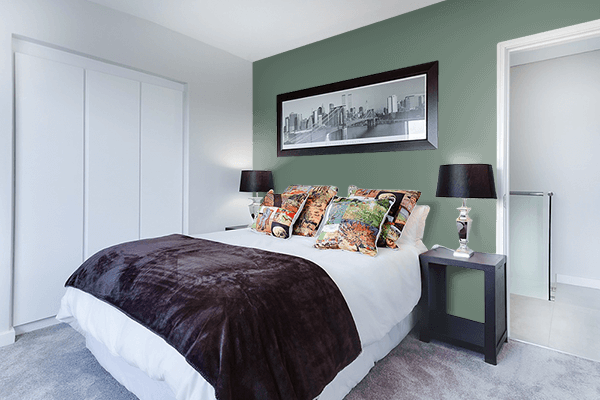 Pretty Photo frame on Atlas Cedar Green color Bedroom interior wall color
