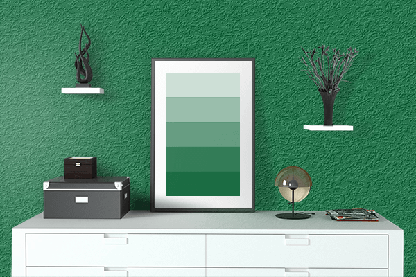 Pretty Photo frame on Column Of Oak Green color drawing room interior textured wall