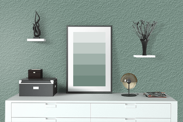 Pretty Photo frame on Bitter Clover Green color drawing room interior textured wall