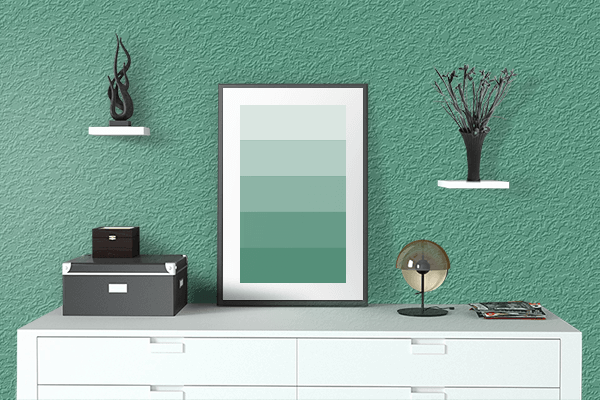 Pretty Photo frame on Winter Green color drawing room interior textured wall