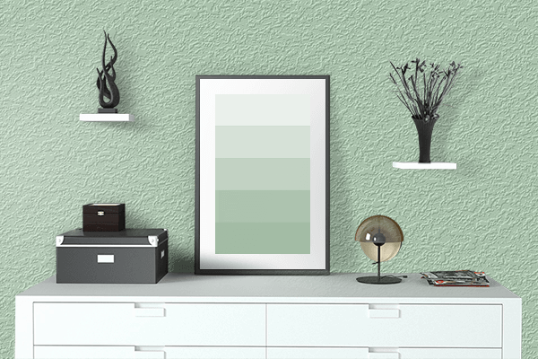 Pretty Photo frame on Muted Light Green color drawing room interior textured wall