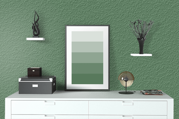 Pretty Photo frame on Field Green color drawing room interior textured wall