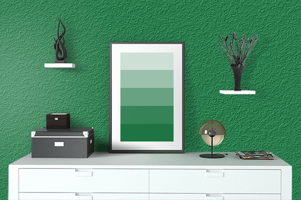 Pretty Photo frame on Australia Green color drawing room interior textured wall