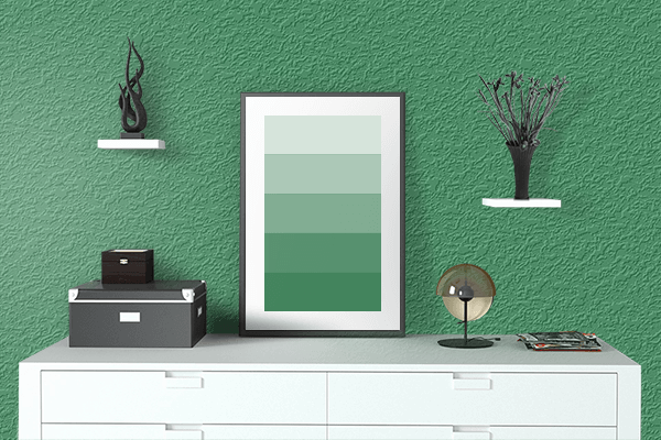 Pretty Photo frame on Medium Green color drawing room interior textured wall