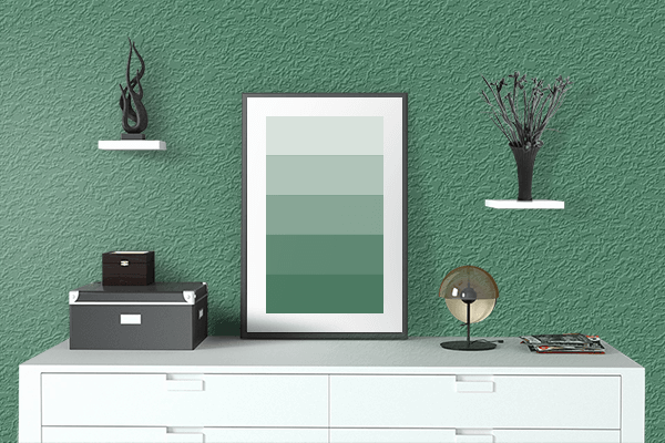 Pretty Photo frame on Leisure Green color drawing room interior textured wall