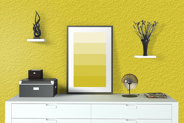 Pretty Photo frame on Attention Yellow color drawing room interior textured wall